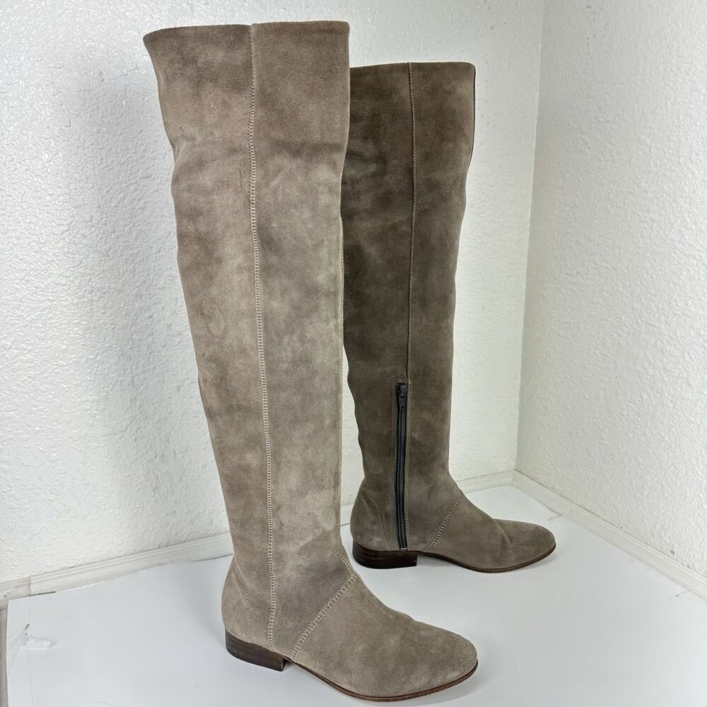 Free People Suede Over The Knee Riding Boots Zip Almond Toe Taupe 36 US 6